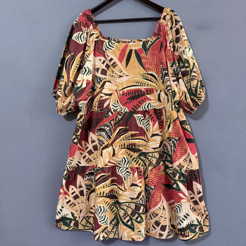 100% Cotton Puff Sleeve Tiered Mini Dress Tropical African Boho Print 3X